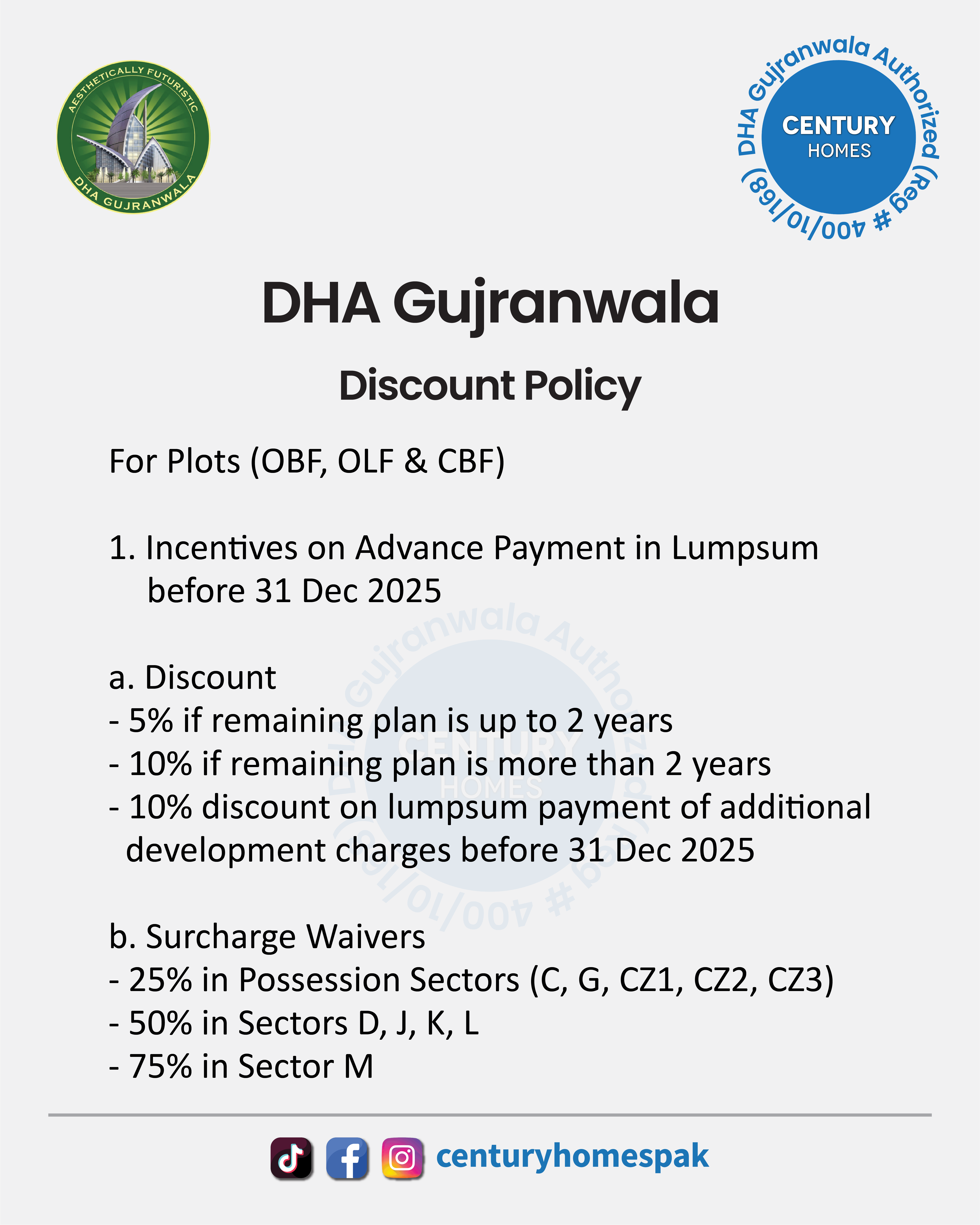 DHA Gujranwala Discount Policy Announced